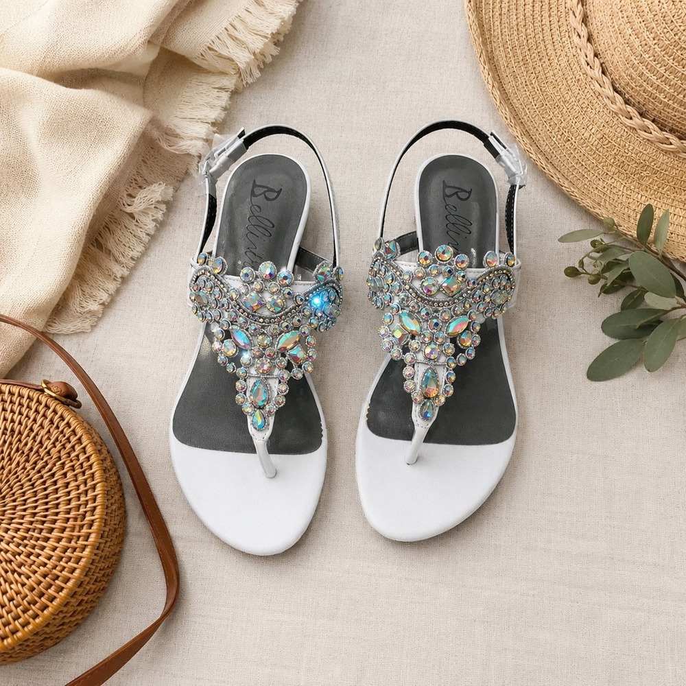 Bellini Loni Wedge Sandals Womens 8W White Rhinestone Crystal Slingback Dressy